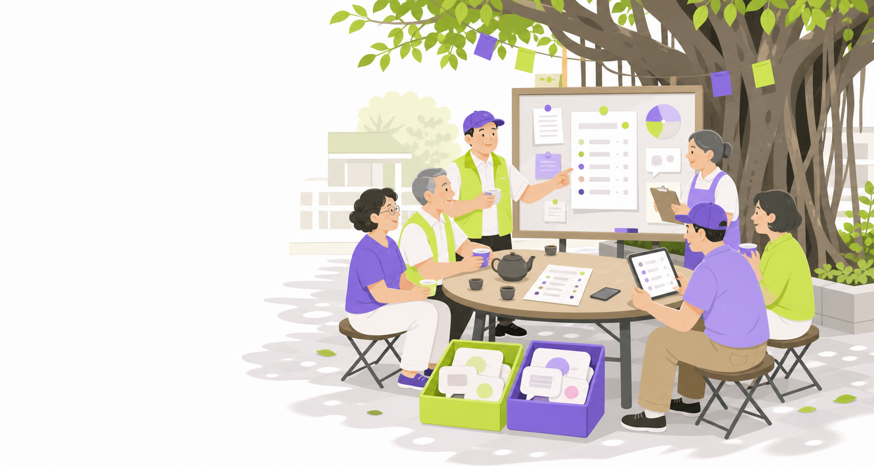 榕樹下的叔叔阿姨喝茶討論公告紀錄，象徵馬特市守望相助隊公開處理垃圾留言。