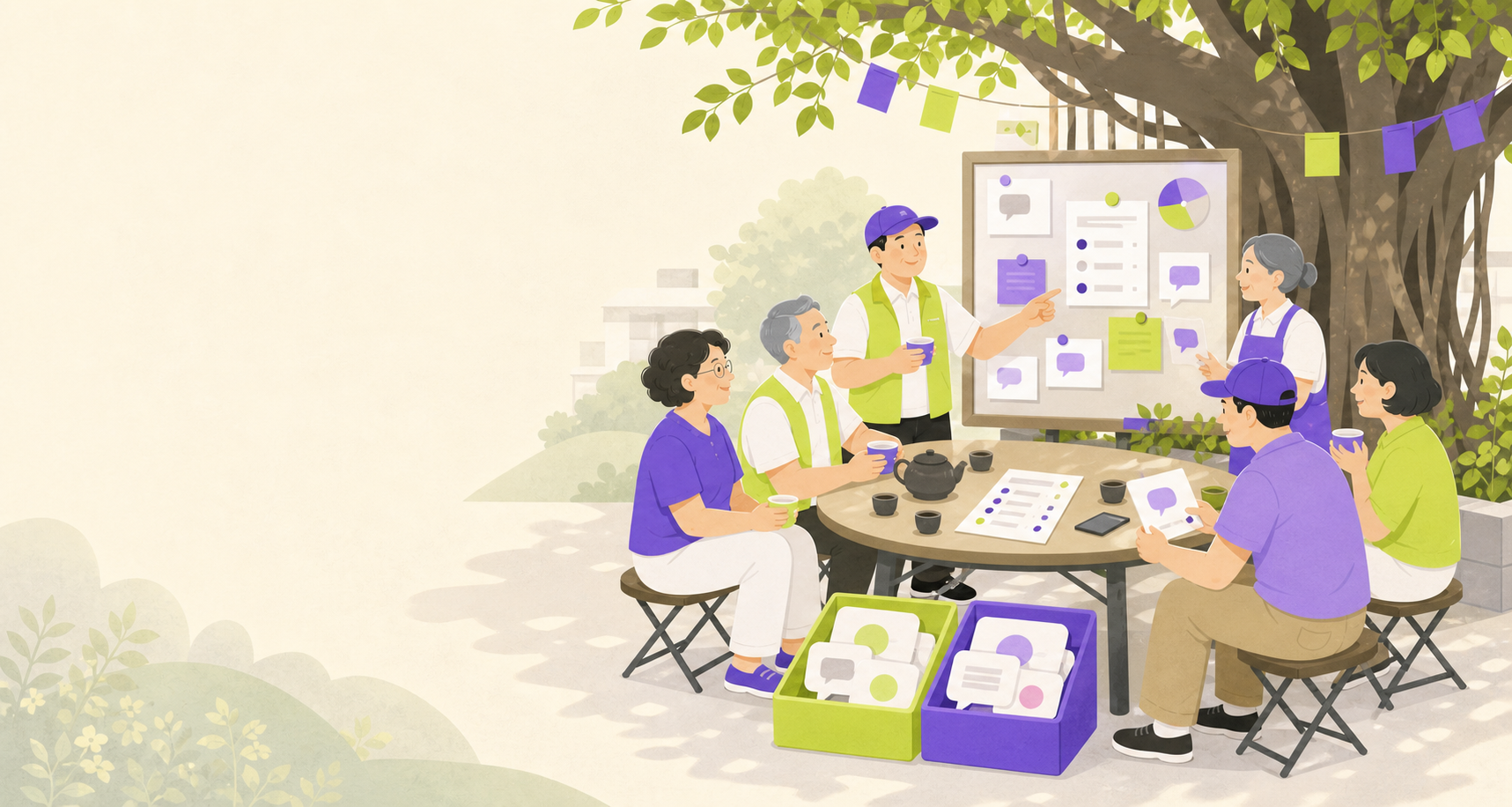 榕樹下的叔叔阿姨喝茶討論公告紀錄，象徵馬特市守望相助隊公開處理垃圾留言。